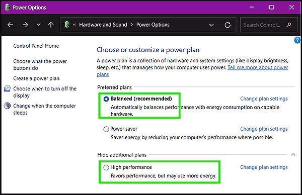 Choose Balanced or High Performance