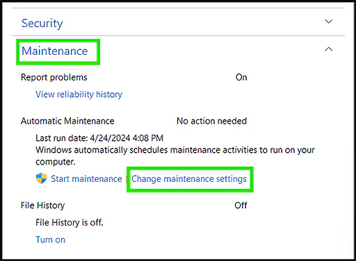 Click on ‘Change Maintenance settings’