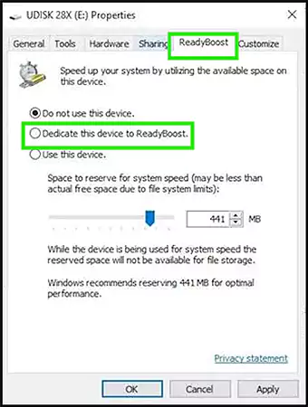 Open ‘ReadyBoost’ tab, tick ‘Dedicate his device to ReadyBoost’