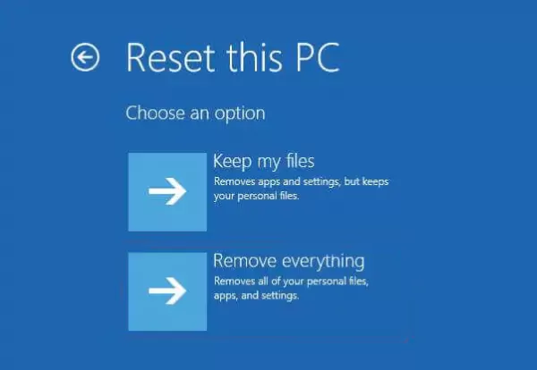 Opt for Keep my files or Remove everything