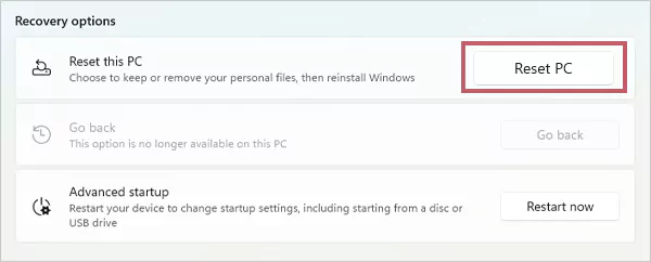 Select the Reset PC option