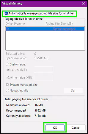 Tick ‘Automatically manage paging file size for all drives’, click ‘OK’