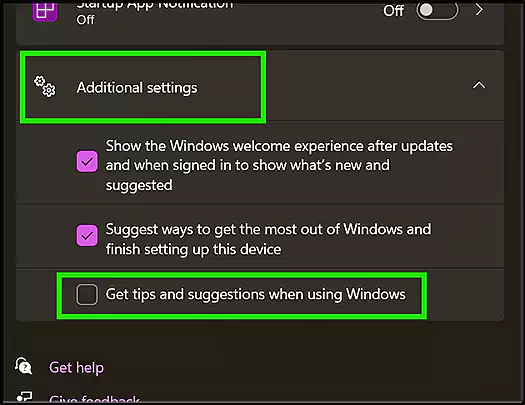 Uncheck ‘Get tips, tricks, and suggestions as you use Windows’