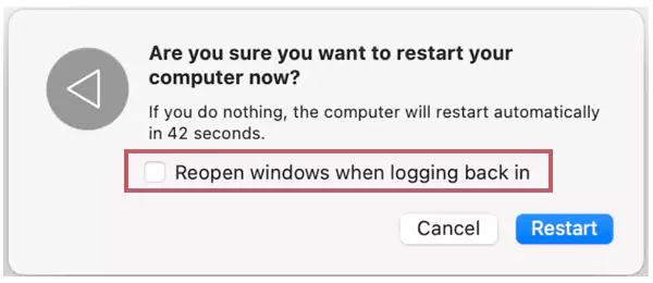 Unselect the ‘Reopen windows when logging back in’ box.