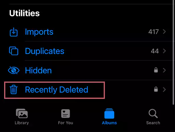 Scroll and select Recently Deleted