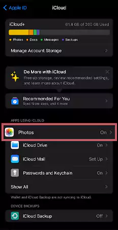 Under Apps Using iCloud press Photos